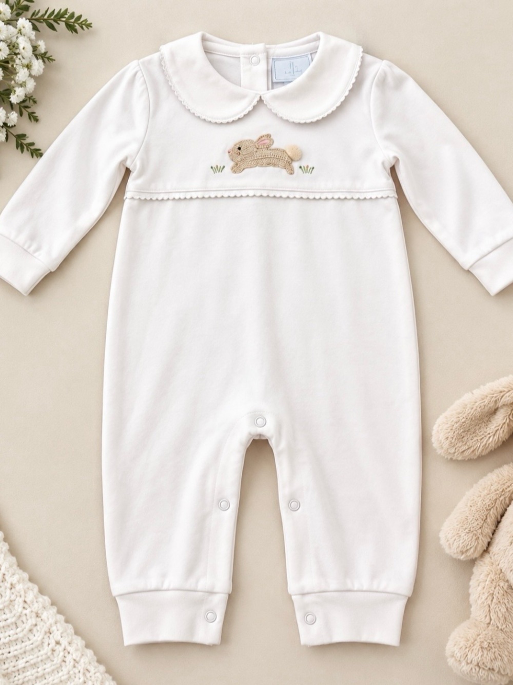 Little English Cream Long-Sleeve Bunny Embroidered Footie